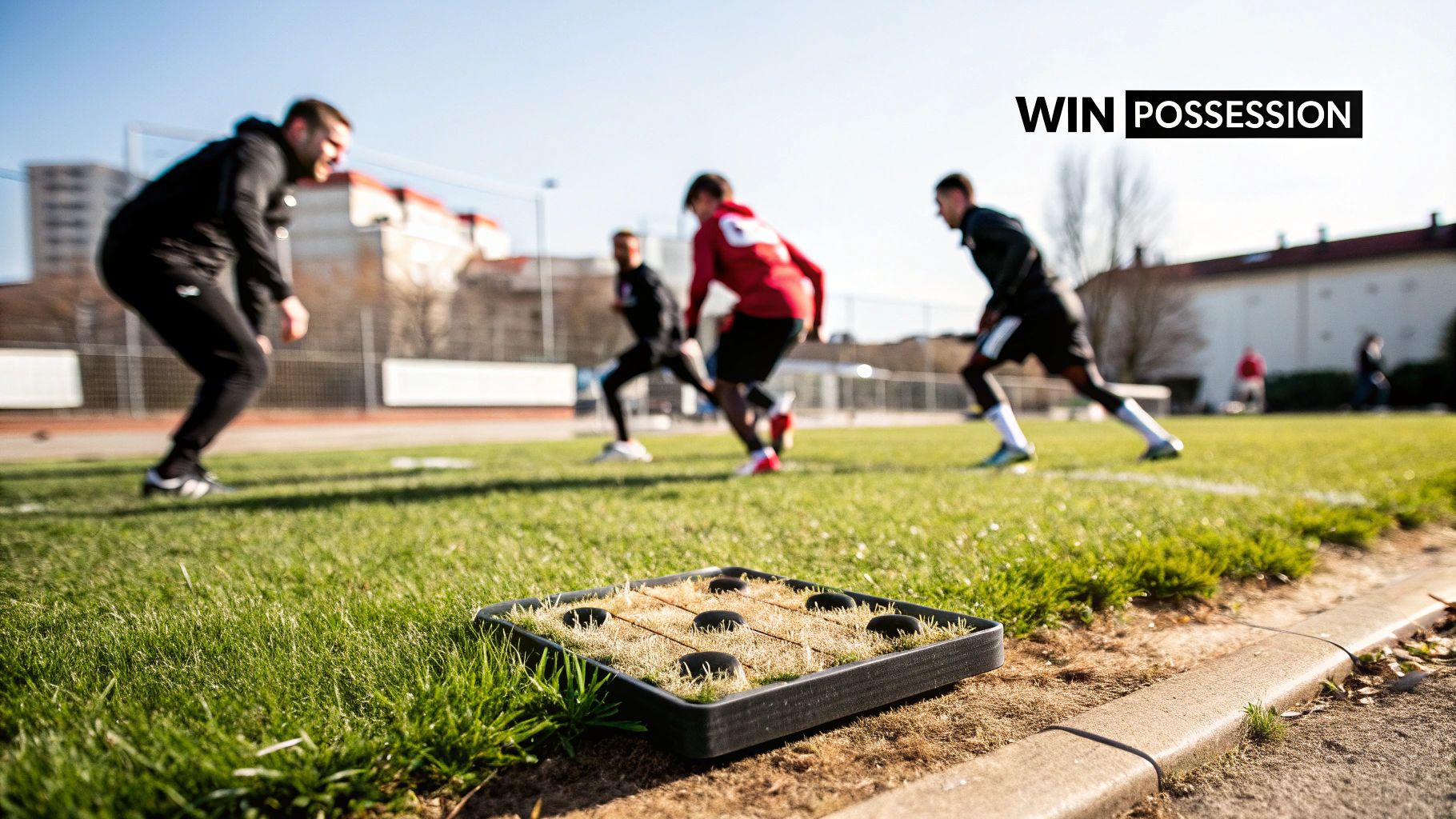 Soccer players engage in drills on a sunny grass field with training markers in the foreground.