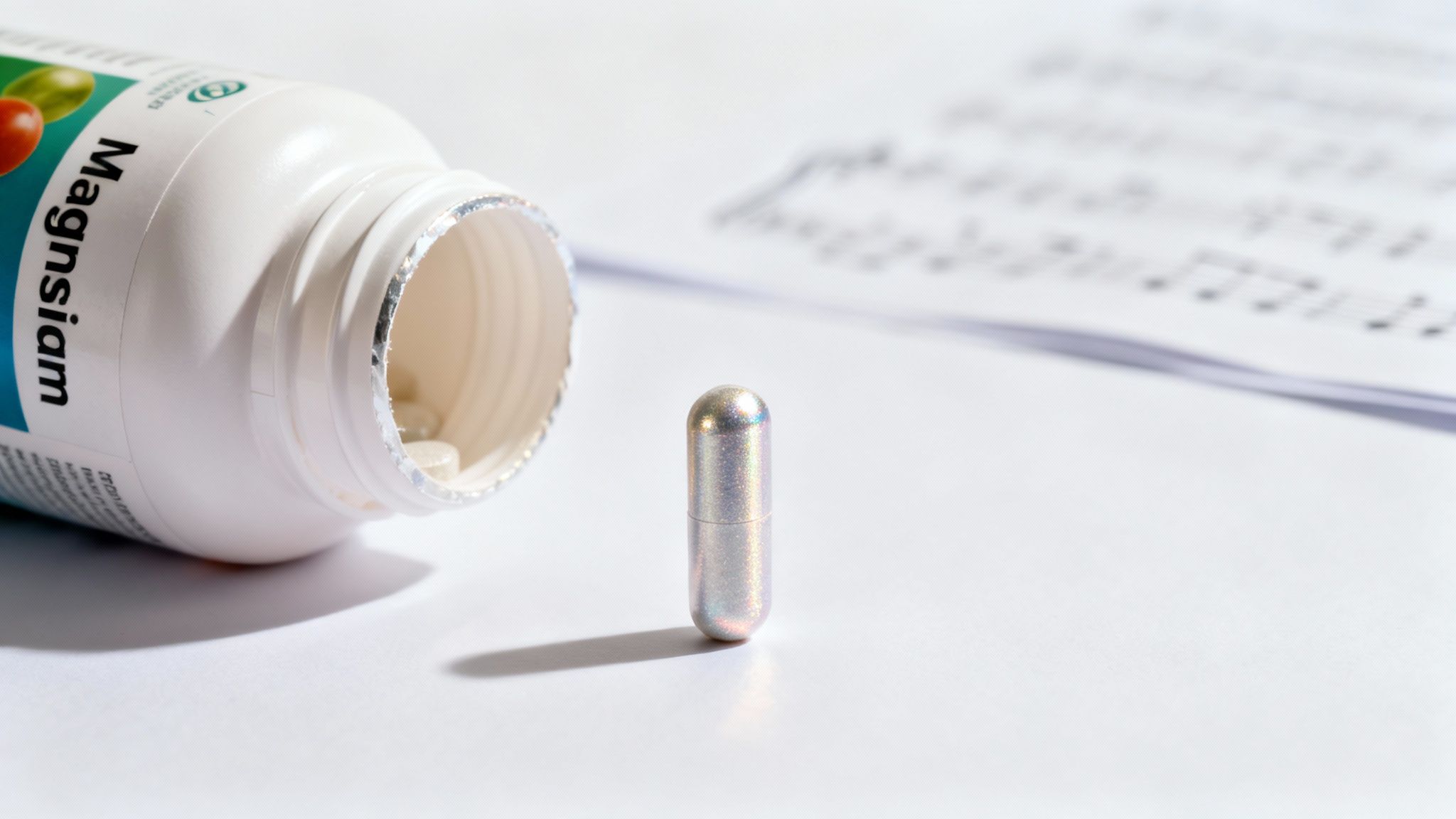An open bottle labeled 'Magnisiam' and a shimmery capsule on a white surface with sheet music.