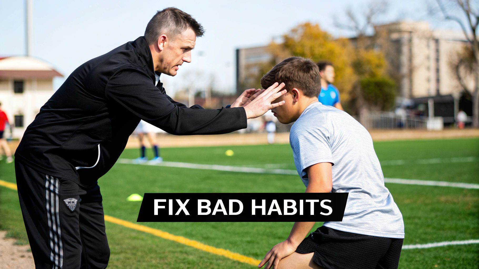 A male coach in black instructs a young male athlete on a green football field, with a "FIX BAD HABITS" overlay.