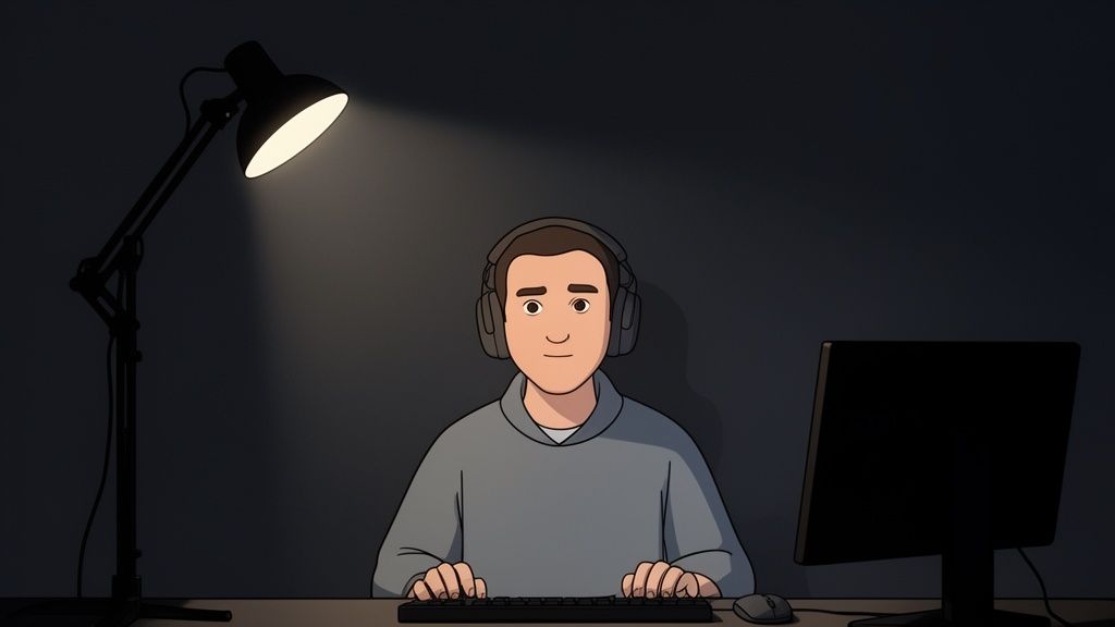 A cartoon person with headphones types on a keyboard, illuminated by a desk lamp in a dark room.