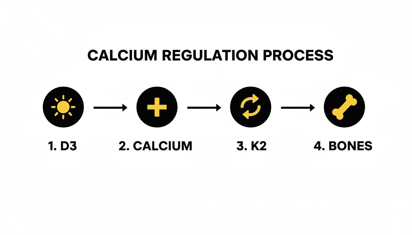 Flowchart showing the calcium regulation process: Vitamin D3, Calcium, Vitamin K2, and Bones.