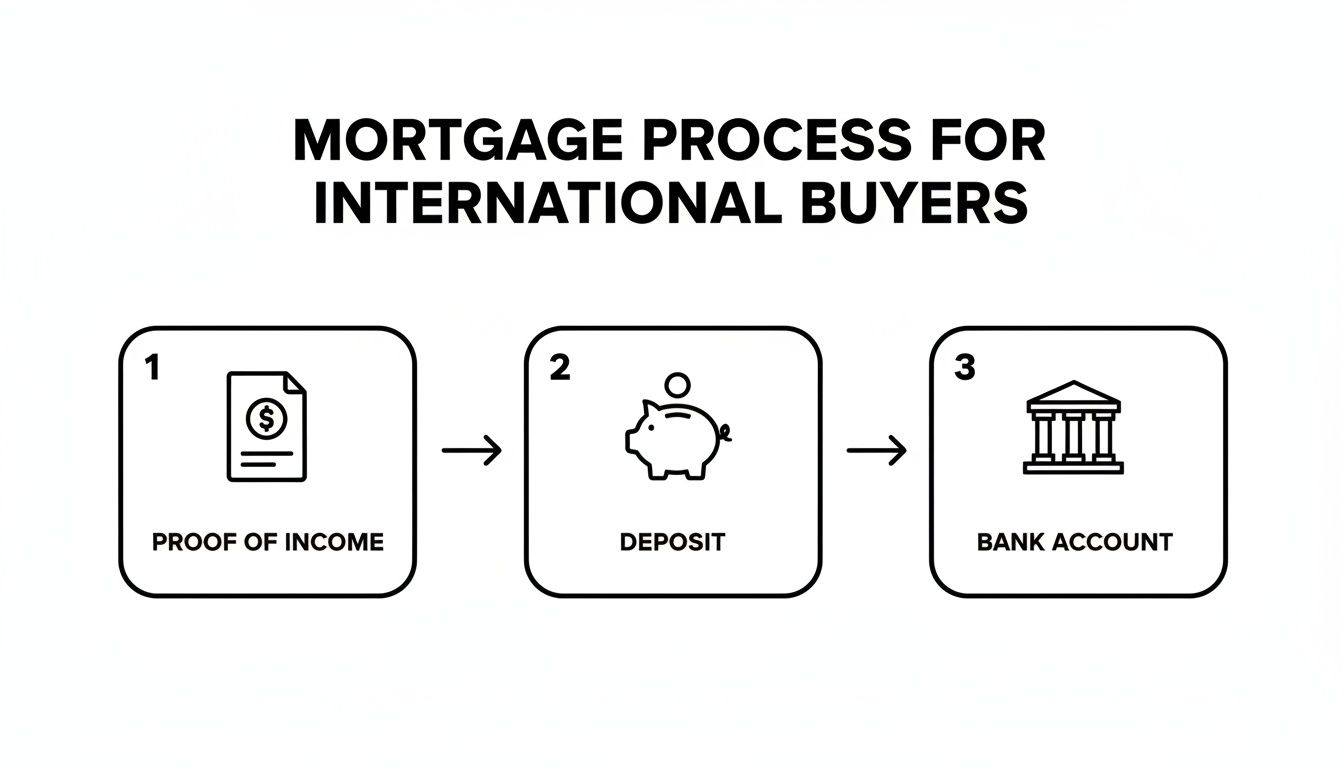 Infographic showing the three-step mortgage process for international buyers: proof of income, deposit, and bank account.