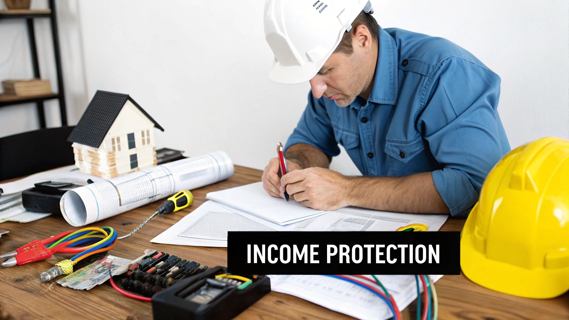 An electrician reviewing plans with a colleague, symbolising financial planning.