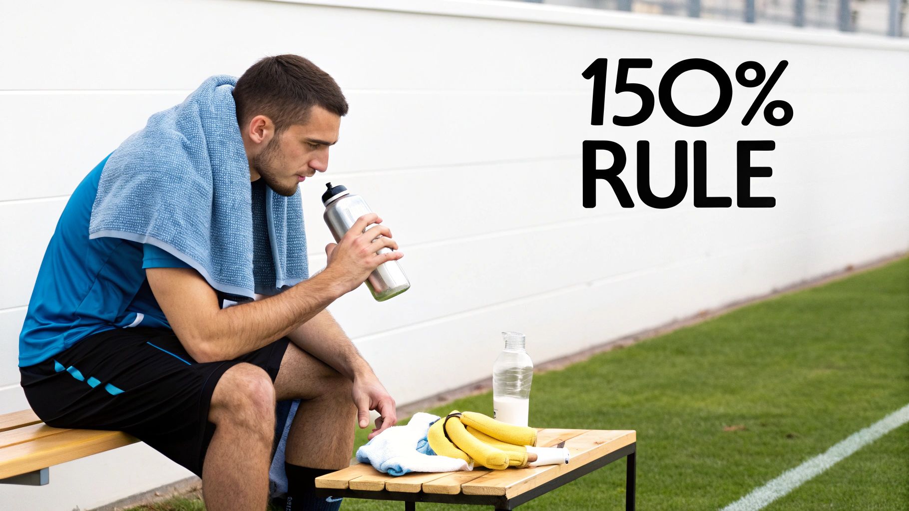 A male football player rests on a bench, drinking water with hydration supplies on a table.