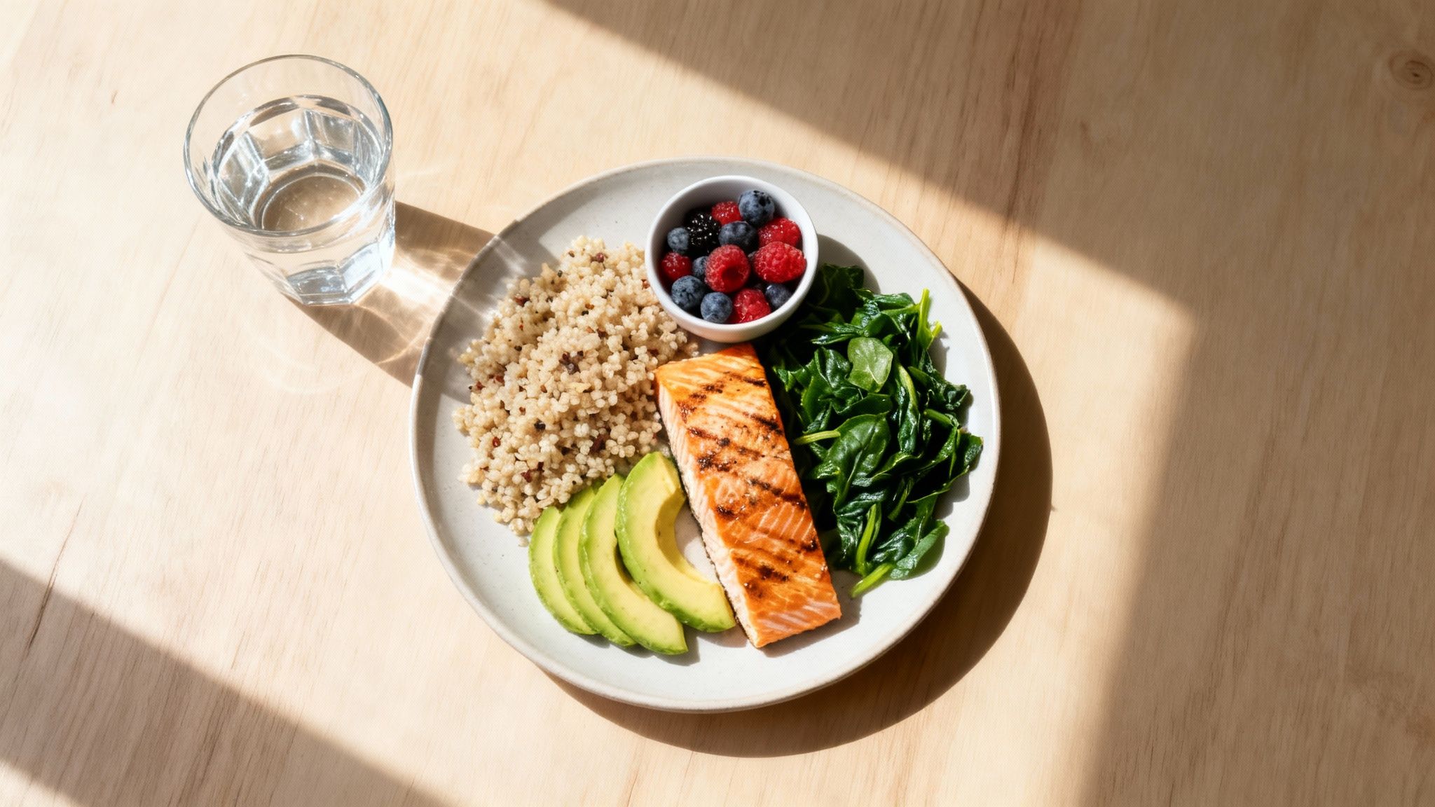 A healthy and balanced meal featuring grilled salmon, quinoa, spinach, avocado, and mixed berries with water.