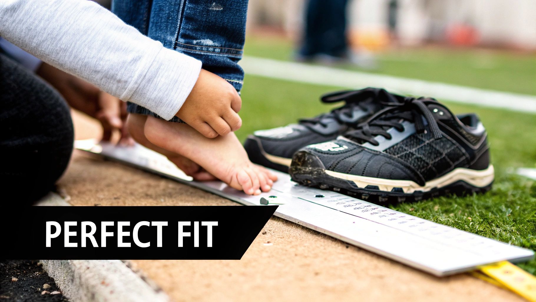 A child's bare foot is measured on a sizing device next to a pair of football cleats on a green field.
