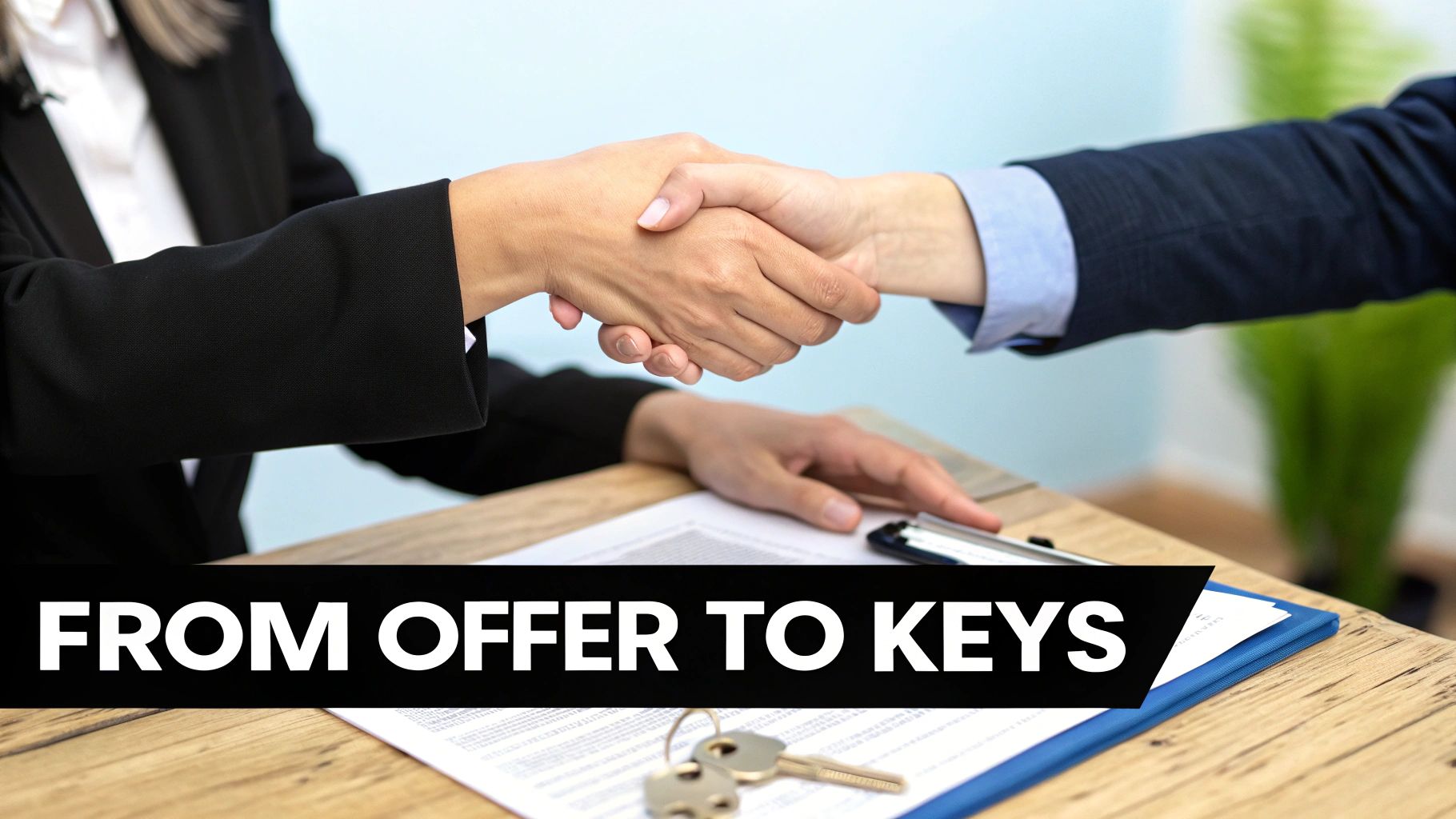 Two people shaking hands over documents and keys, symbolizing a property deal, with text 'FROM OFFER TO KEYS'.