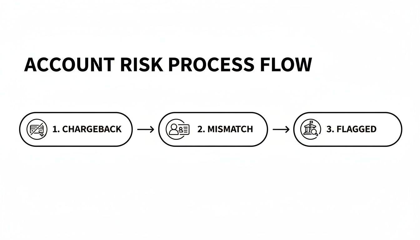 Flowchart illustrating the account risk process flow, from chargeback through mismatch to flagged accounts.