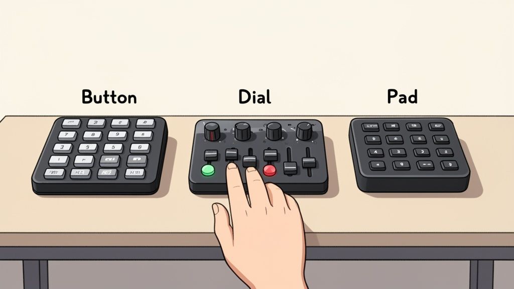 Three distinct control devices: a button pad, a mixer with dials, and another pad, all on a wooden table. A hand interacts with the mixer.