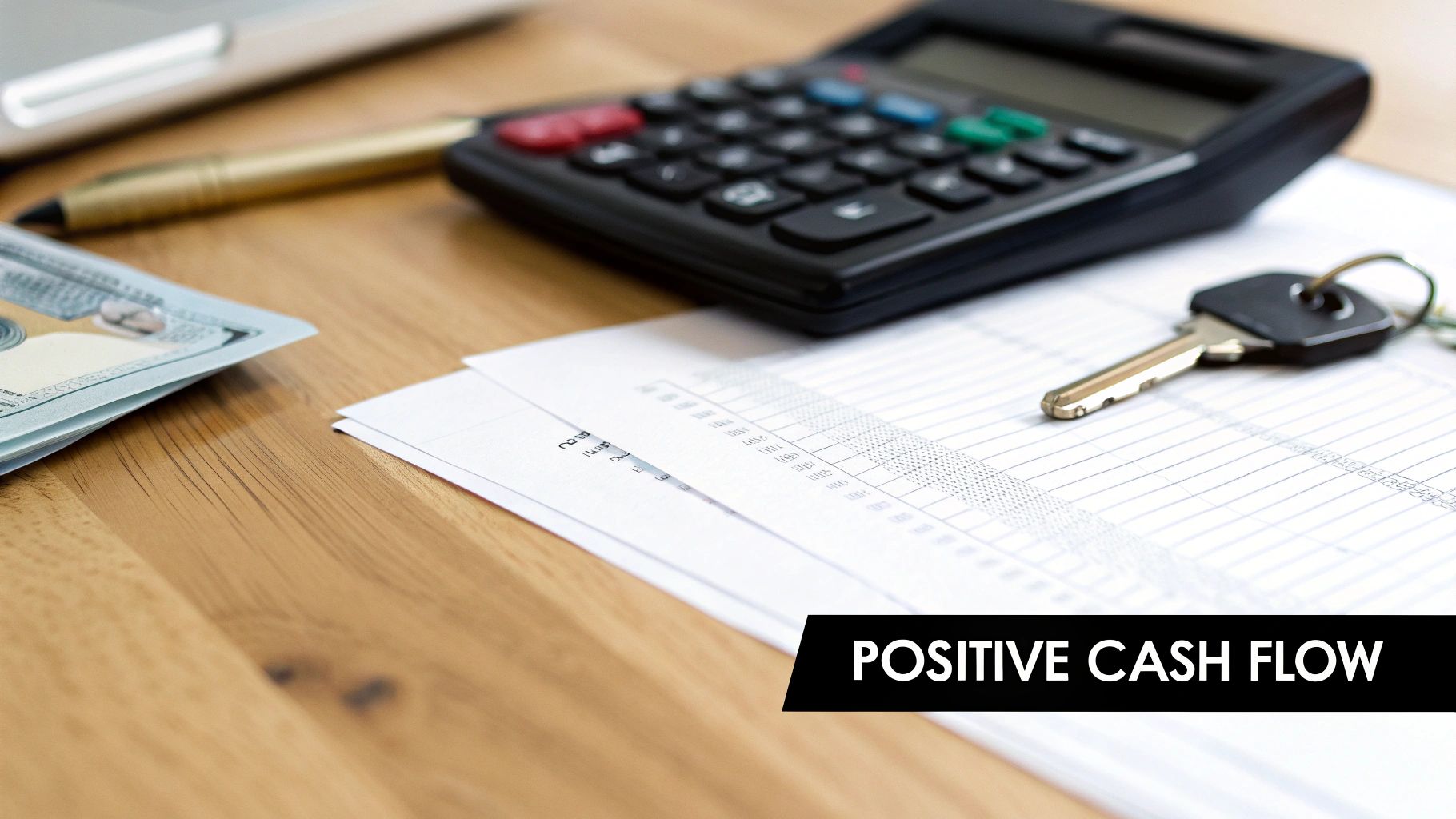 Desk with calculator, money, key, and financial papers, symbolizing positive cash flow and investment.