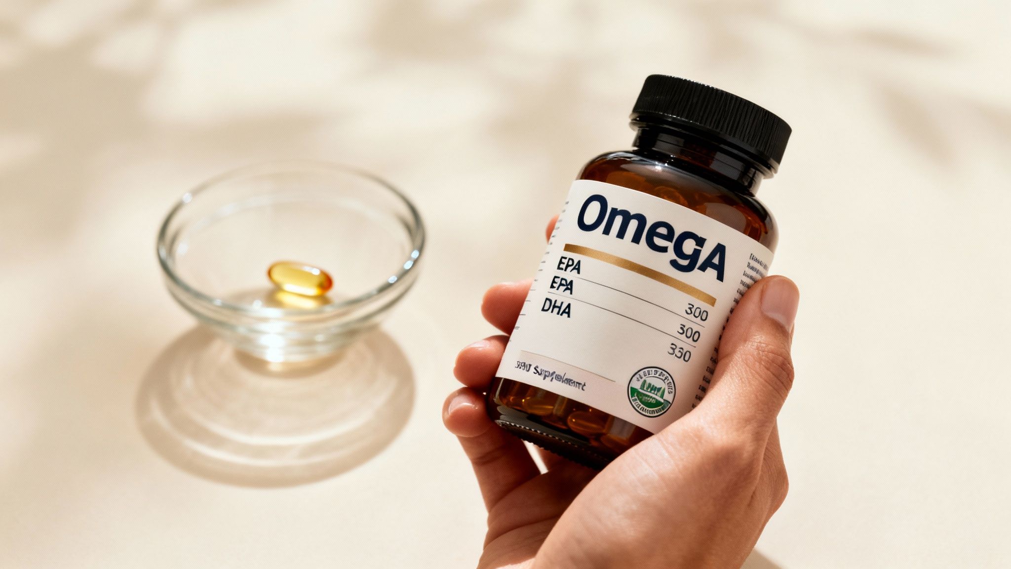 A hand holds a bottle of OmegaA supplement with EPA and DHA values, next to a single capsule in a glass bowl.