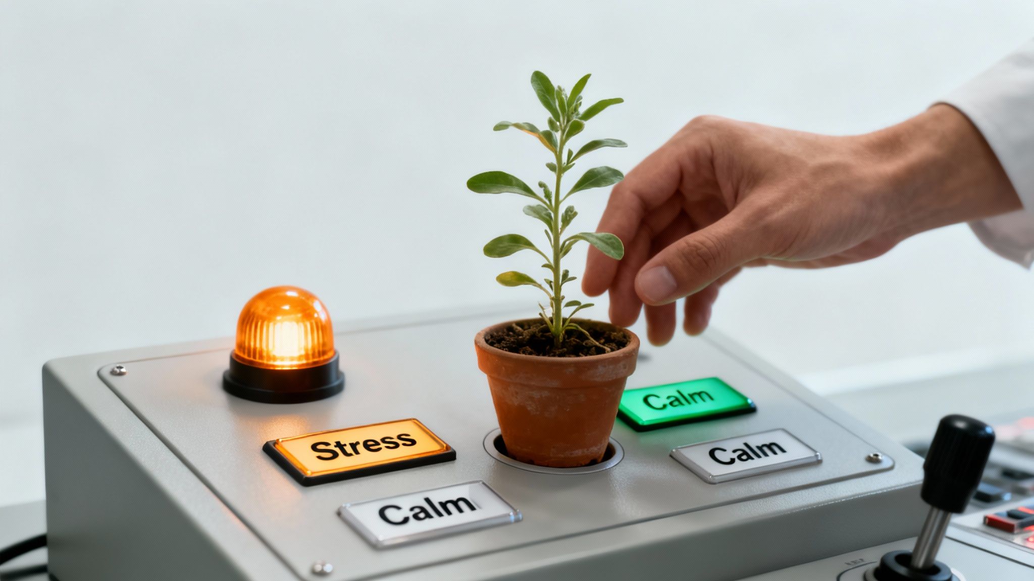 A hand presses a 'Calm' button on a control panel with a small plant, a 'Stress' light, and other 'Calm' buttons.