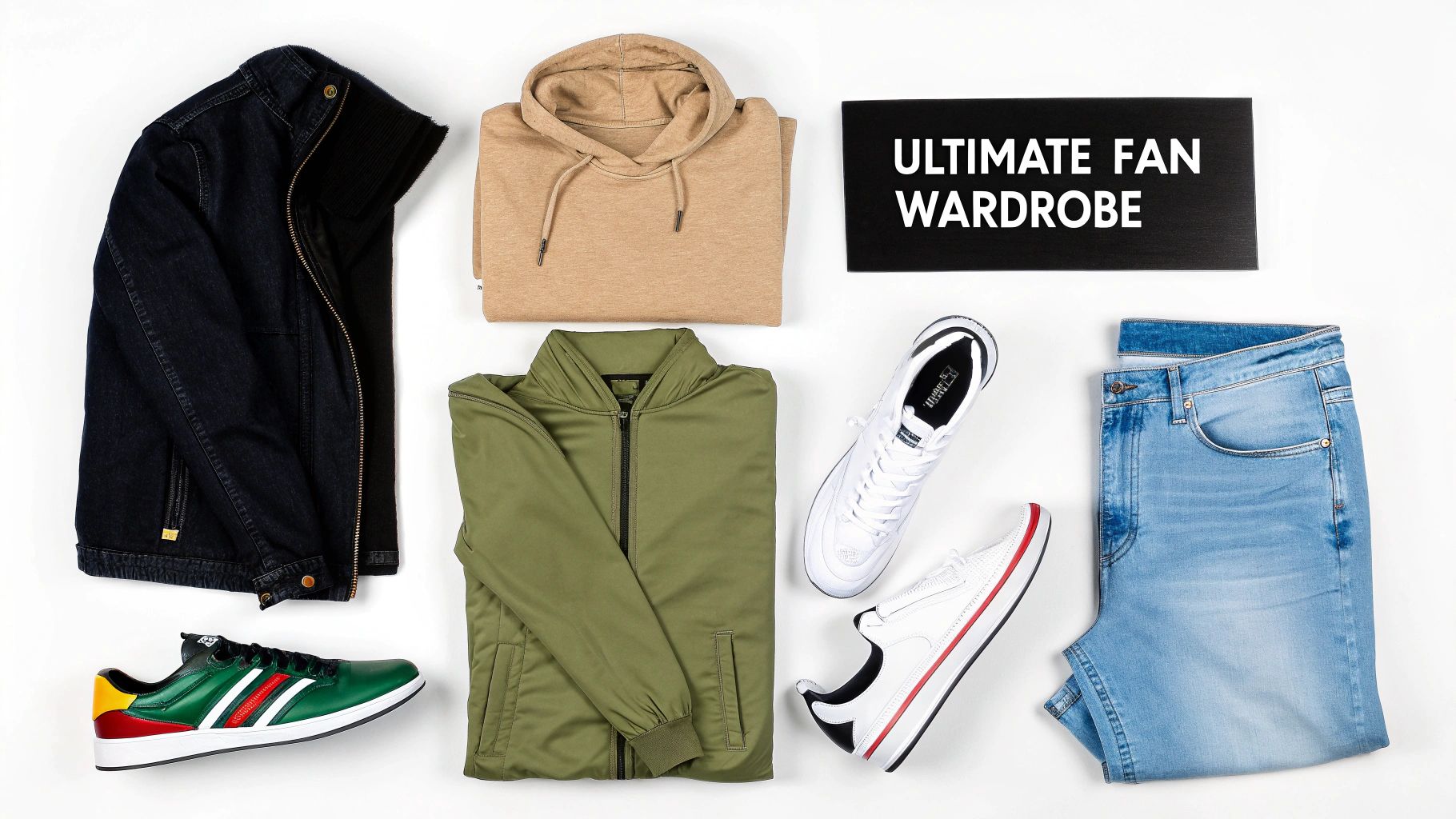 A flat lay of ultimate fan wardrobe essentials, including jackets, a hoodie, jeans, and sneakers.