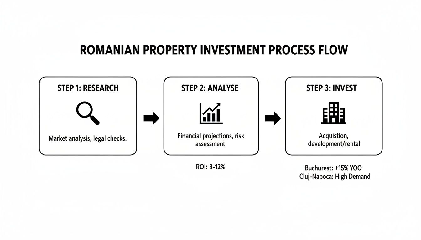 Flowchart illustrating the Romanian property investment process, detailing research, analysis, and investment steps.