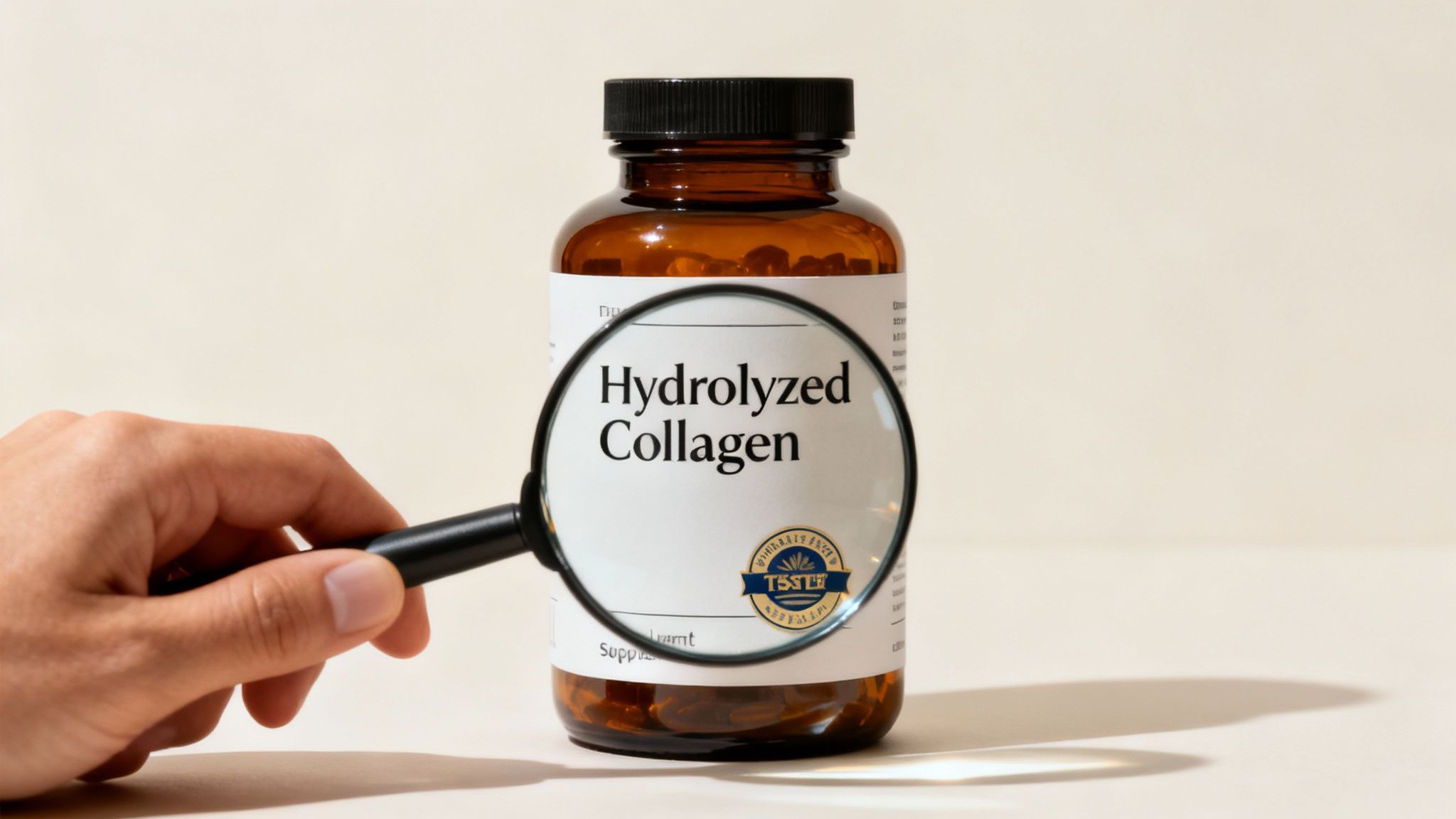 Hand holding magnifying glass over hydrolyzed collagen supplement bottle with test certification seal