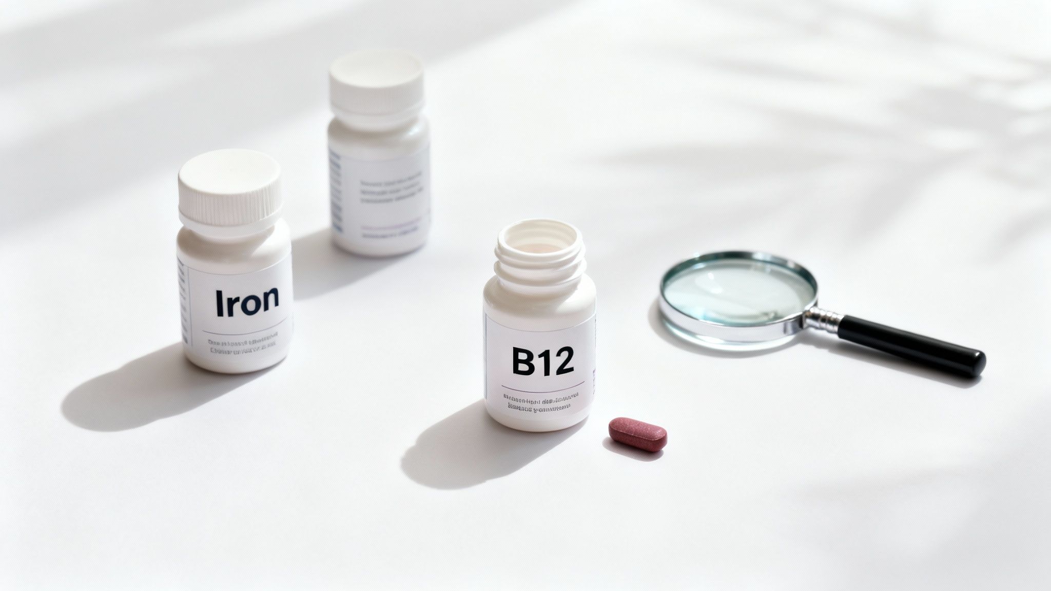 A person's hand holding a capsule with various other supplements in the background.