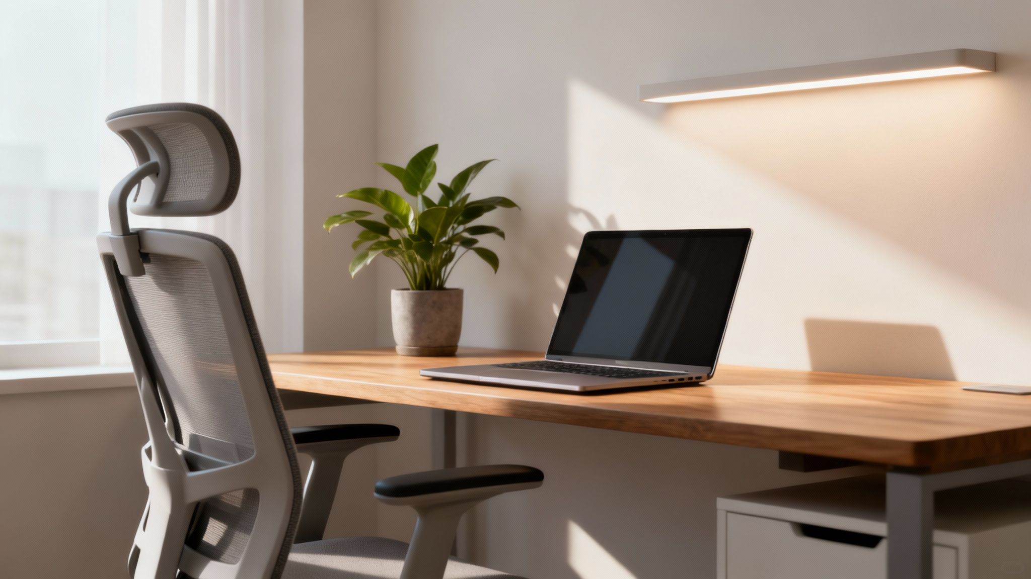 A clean, well-lit desk with a laptop, a plant, and a notebook, creating a sense of organised calm.