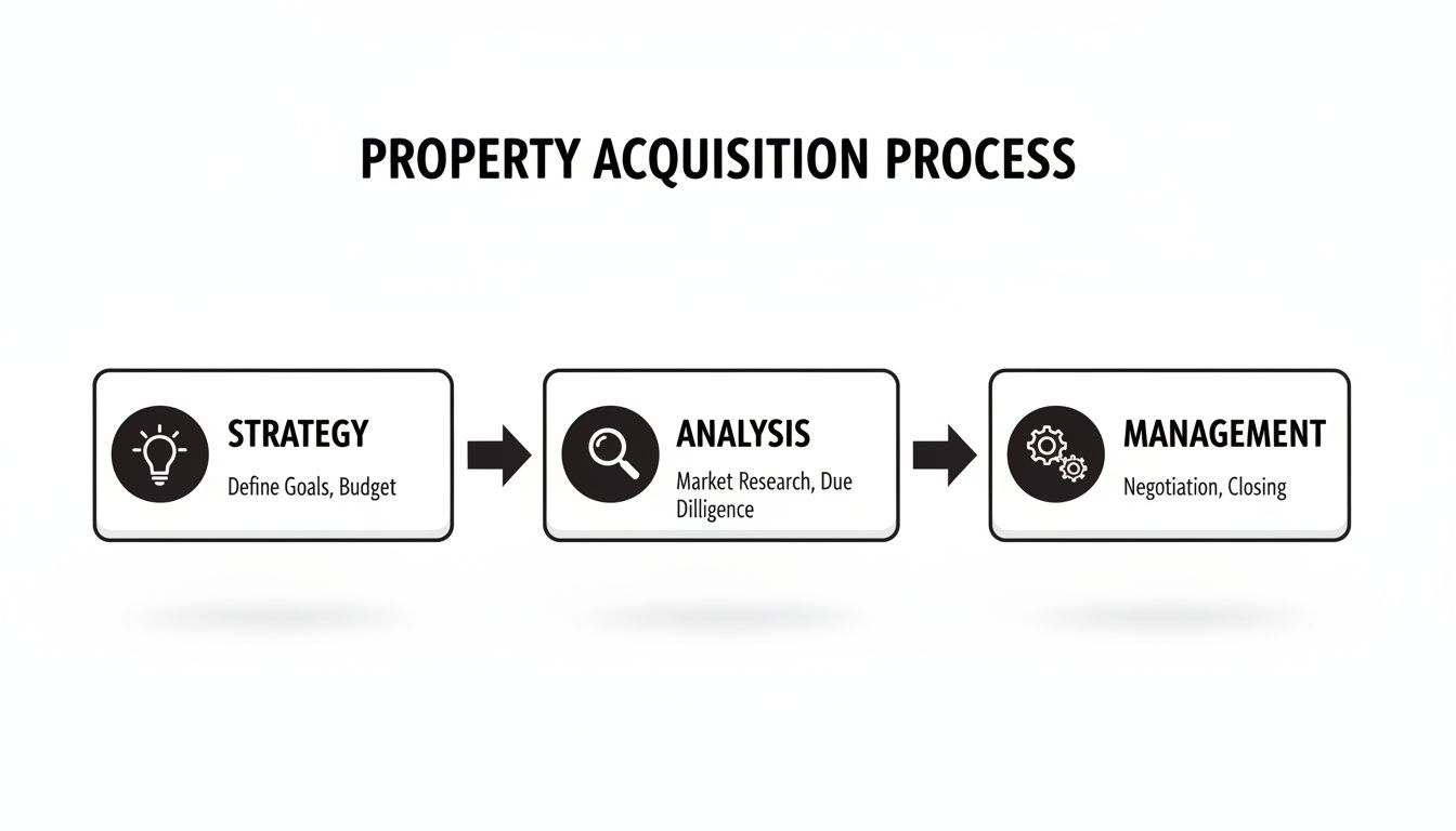 A flowchart outlining the property acquisition process with steps for strategy, analysis, and management.