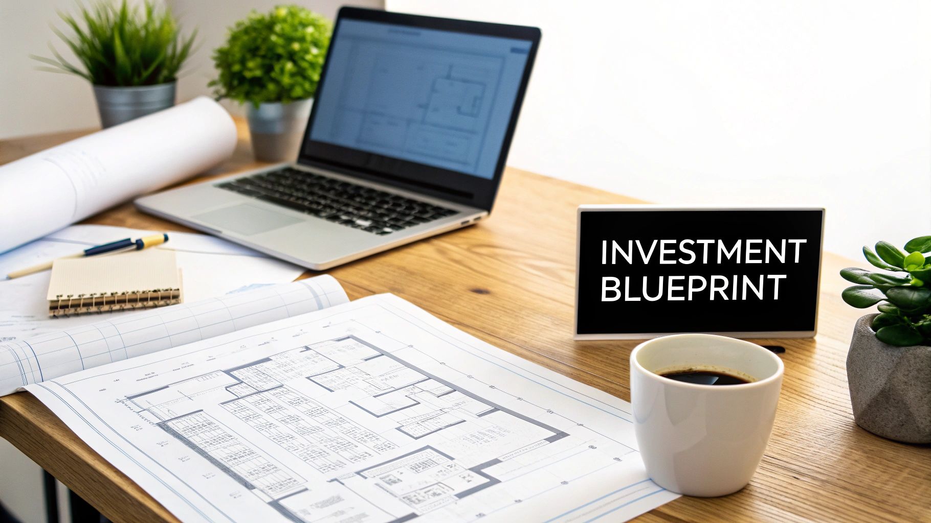A desk with architectural blueprints, a laptop, and a sign reading 'INVESTMENT BLUEPRINT', suggesting financial planning.
