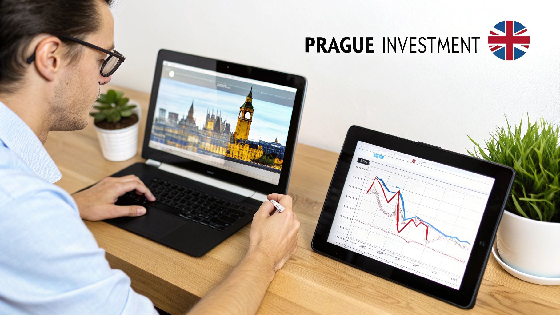 Man analyzing financial investment charts on a tablet and a city image on a laptop, related to Prague.