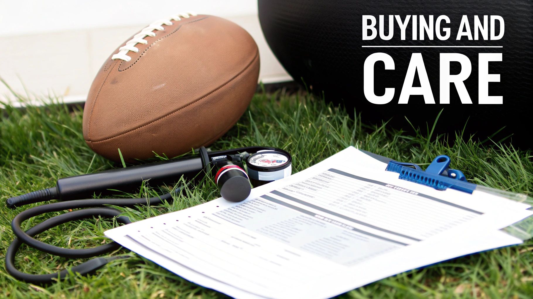 An American football, air pump, pressure gauge, and papers with text 'BUYING AND CARE' on grass.