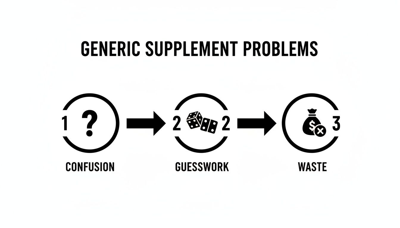A flowchart titled 'Generic Supplement Problems' illustrating a progression from Confusion to Guesswork to Waste.