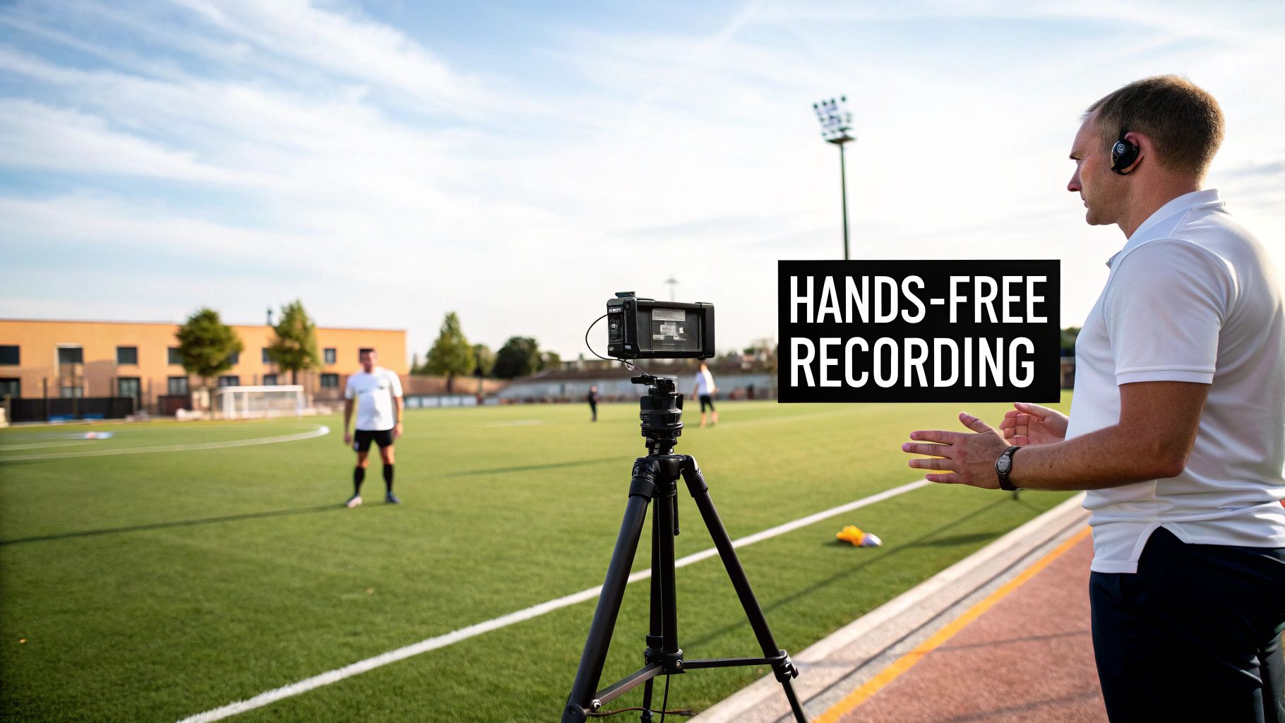 A coach on a football field uses a tripod-mounted camera to record a player hands-free.