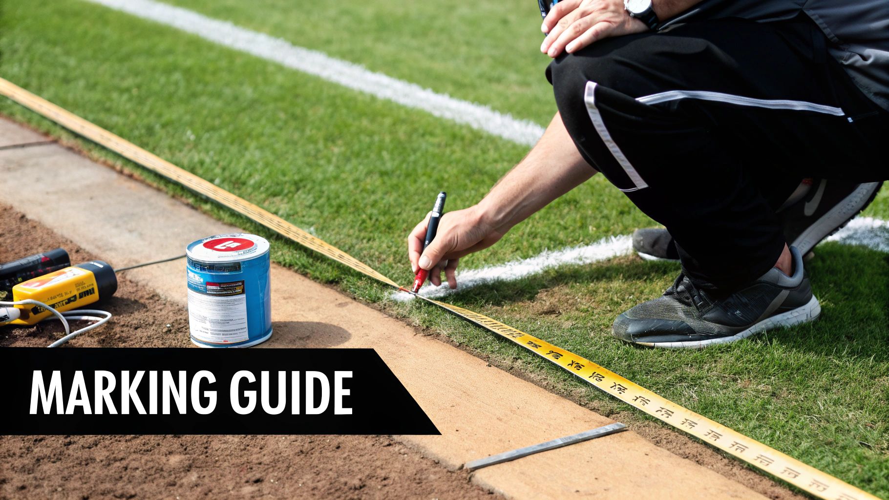 A person accurately marks a sports field boundary with a measuring tape and red marker.