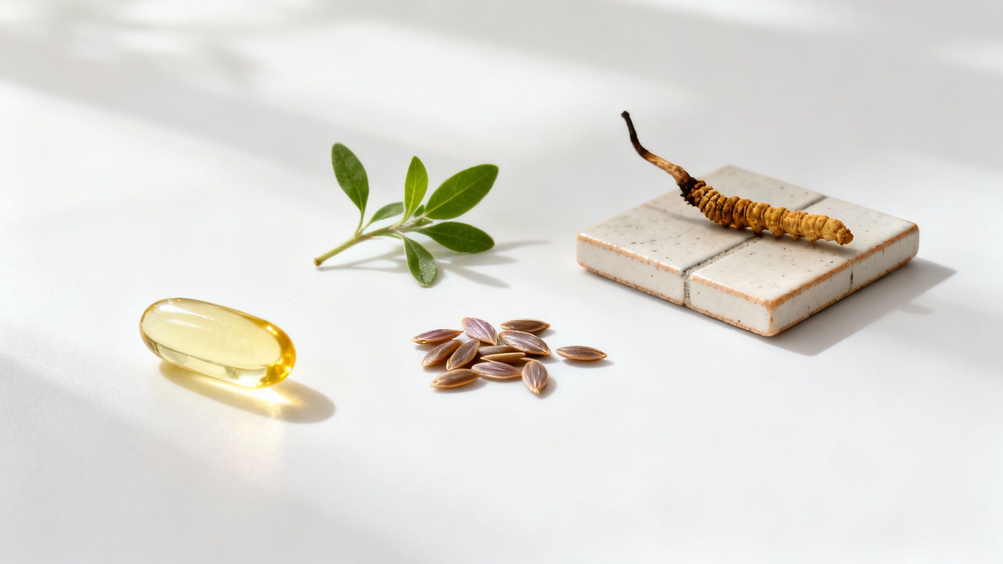 A golden omega-3 capsule, green leaves, seeds, and Cordyceps mushroom on a white background.
