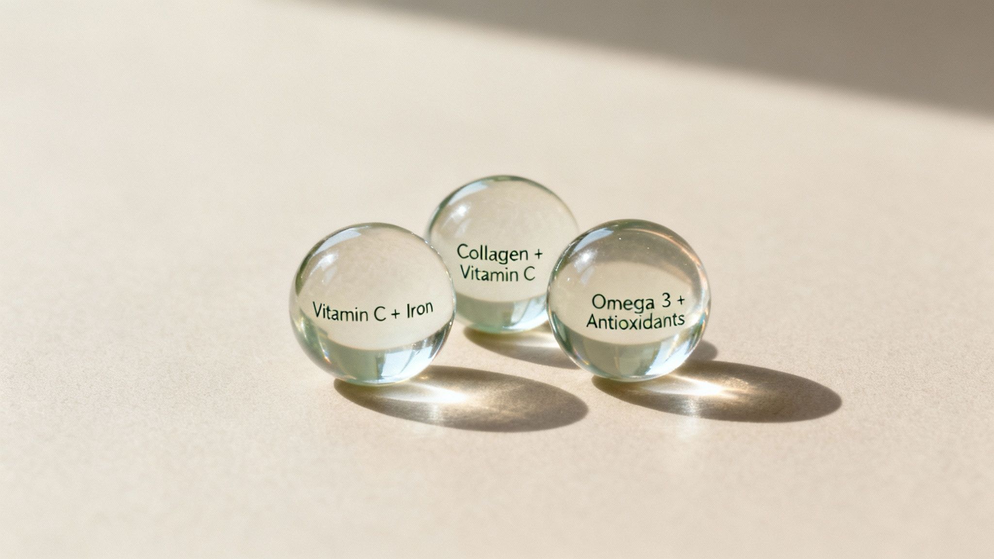 Three clear vitamin capsules displaying 'Vitamin C + Iron', 'Collagen + Vitamin C', and 'Omega 3 + Antioxidants'.