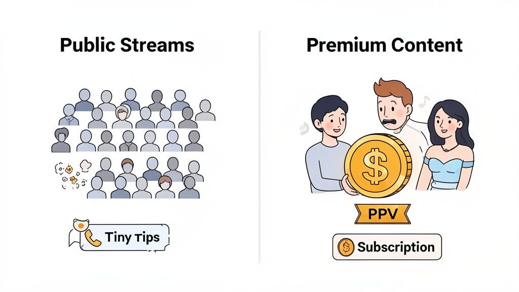Illustration comparing public streams with tiny tips to premium content with pay-per-view and subscription options.