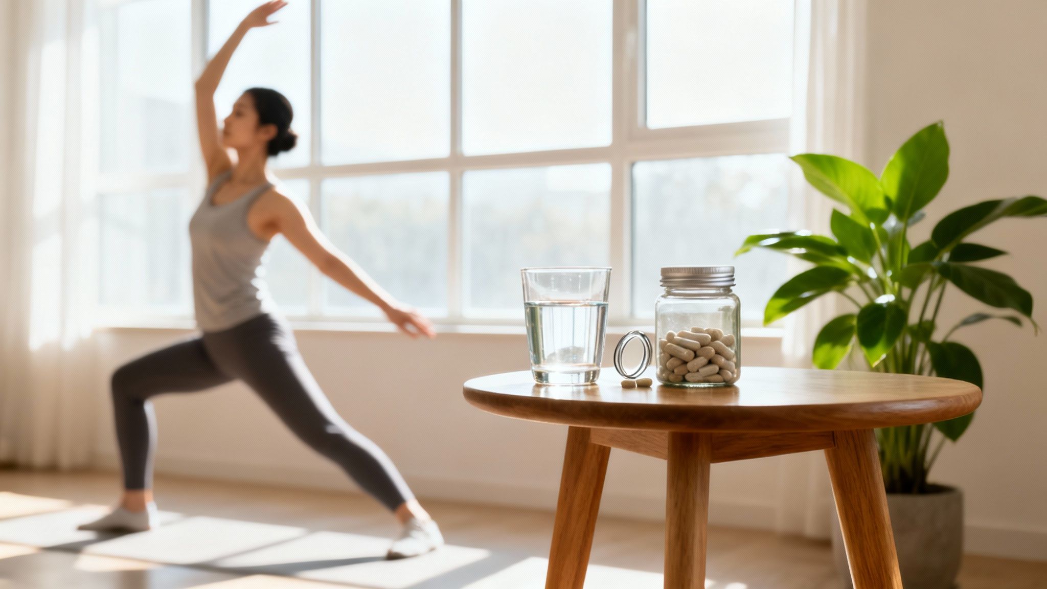 Woman doing yoga in a bright room, with a glass of a water and supplement jar on a table.