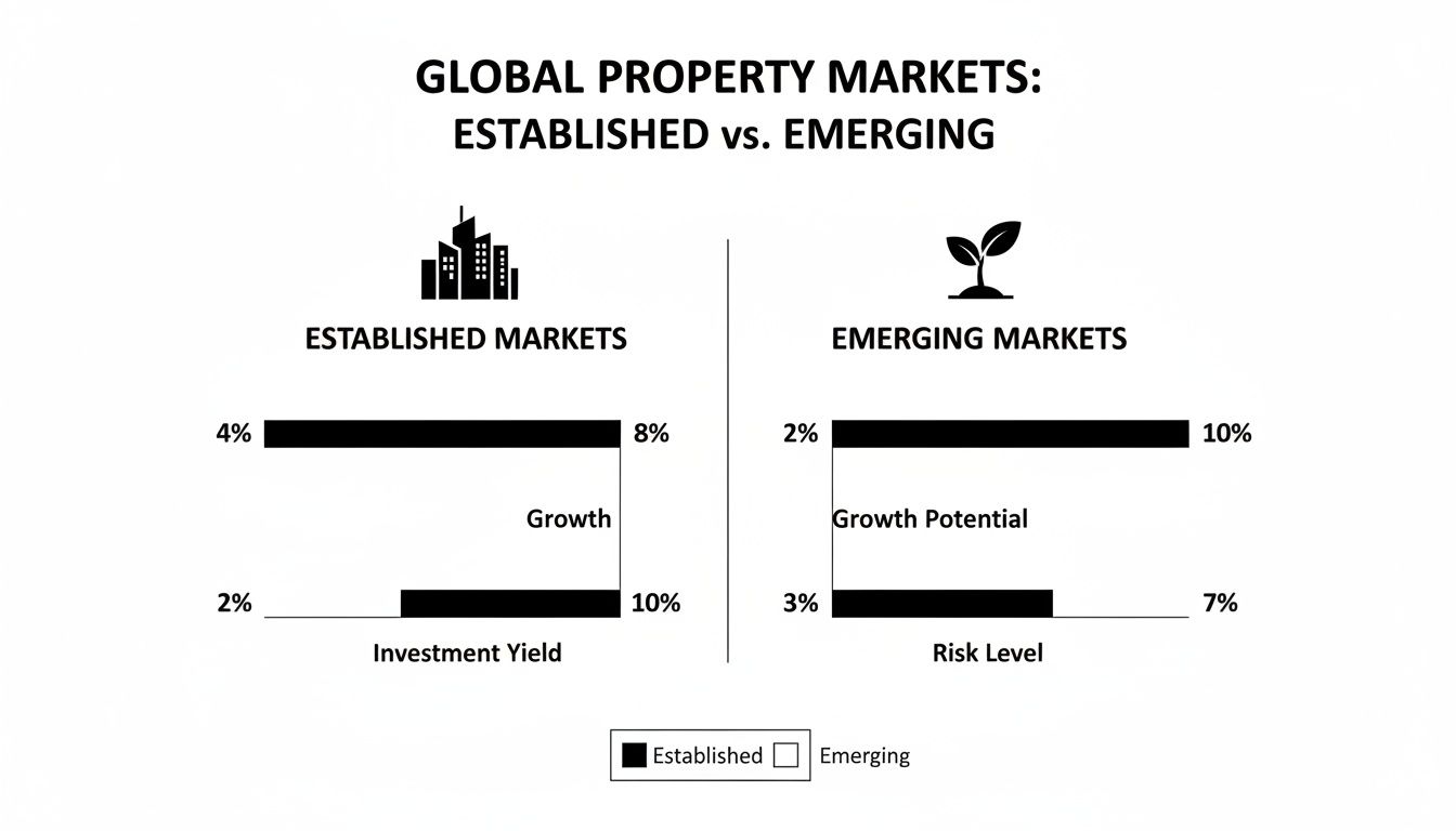 Infographic comparing global established and emerging property markets for growth, yield, and risk.