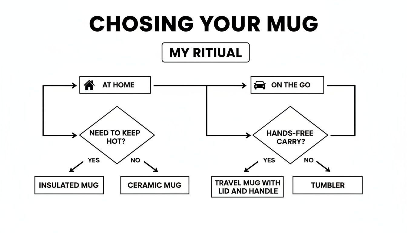 Flowchart guiding mug selection based on location (at home or on the go) and specific needs.