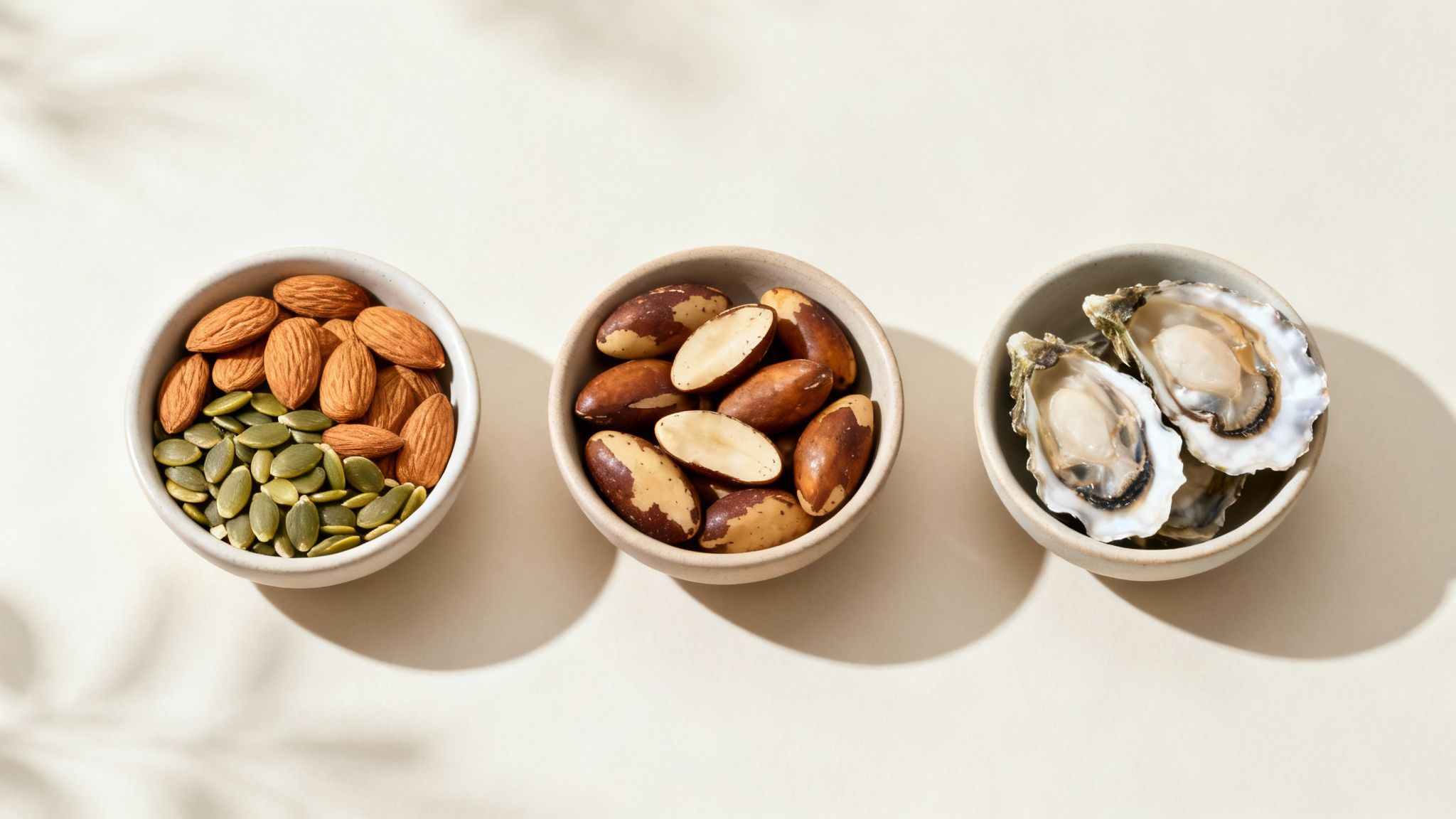 A variety of mineral-rich foods like nuts, seeds, and leafy greens arranged beautifully on a rustic wooden surface.