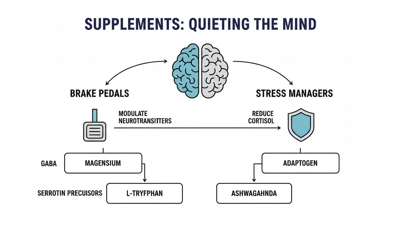 Diagram showing supplements for quieting the mind, including brake pedals for neurotransmitter modulation and stress managers for cortisol reduction.