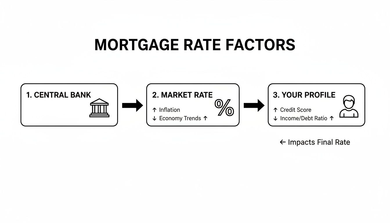 A diagram illustrating the key factors influencing mortgage rates: Central Bank, Market Rate, and Your Profile.
