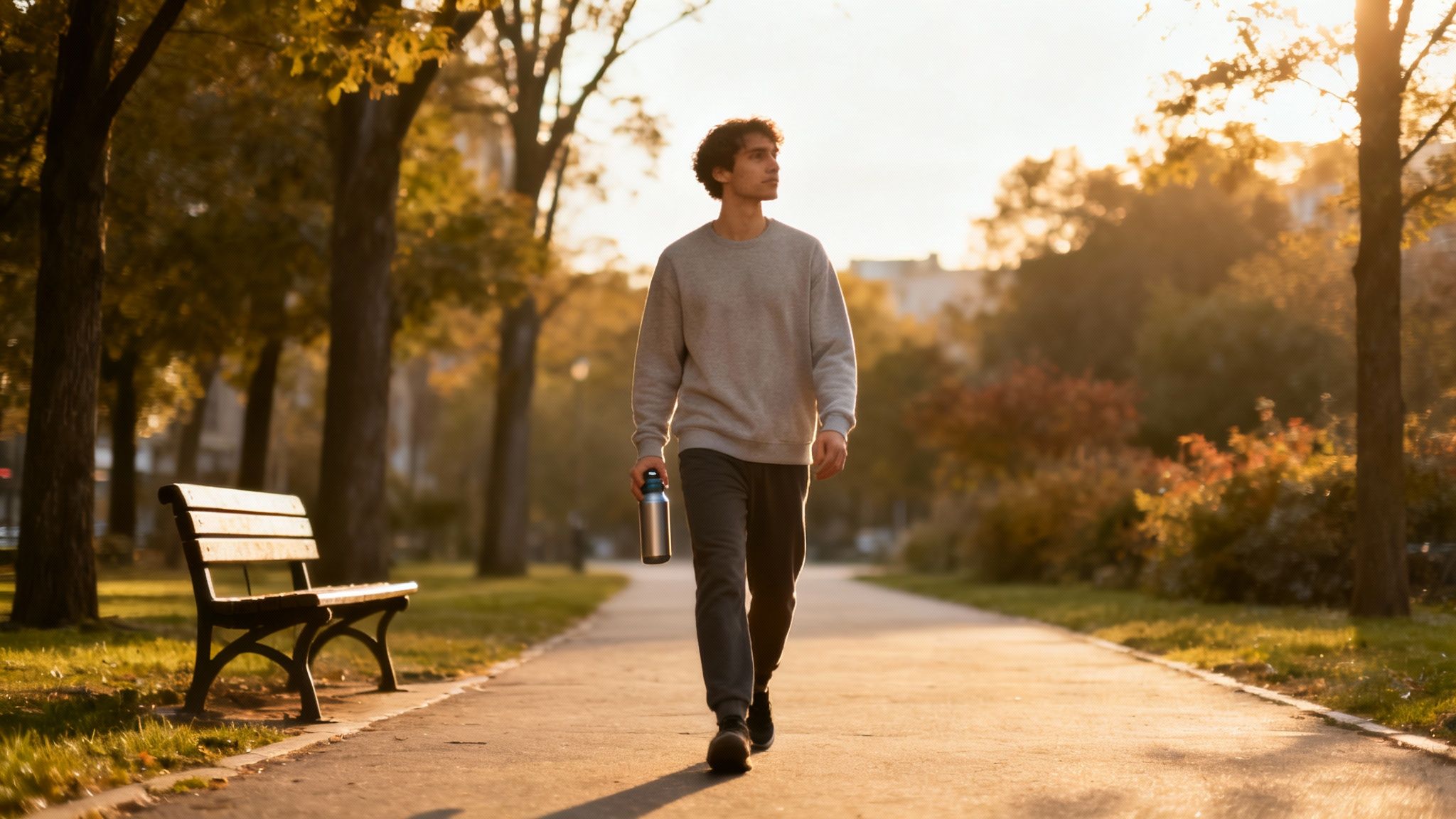 A young man walks confidently through a sunlit park path, holding a water bottle.