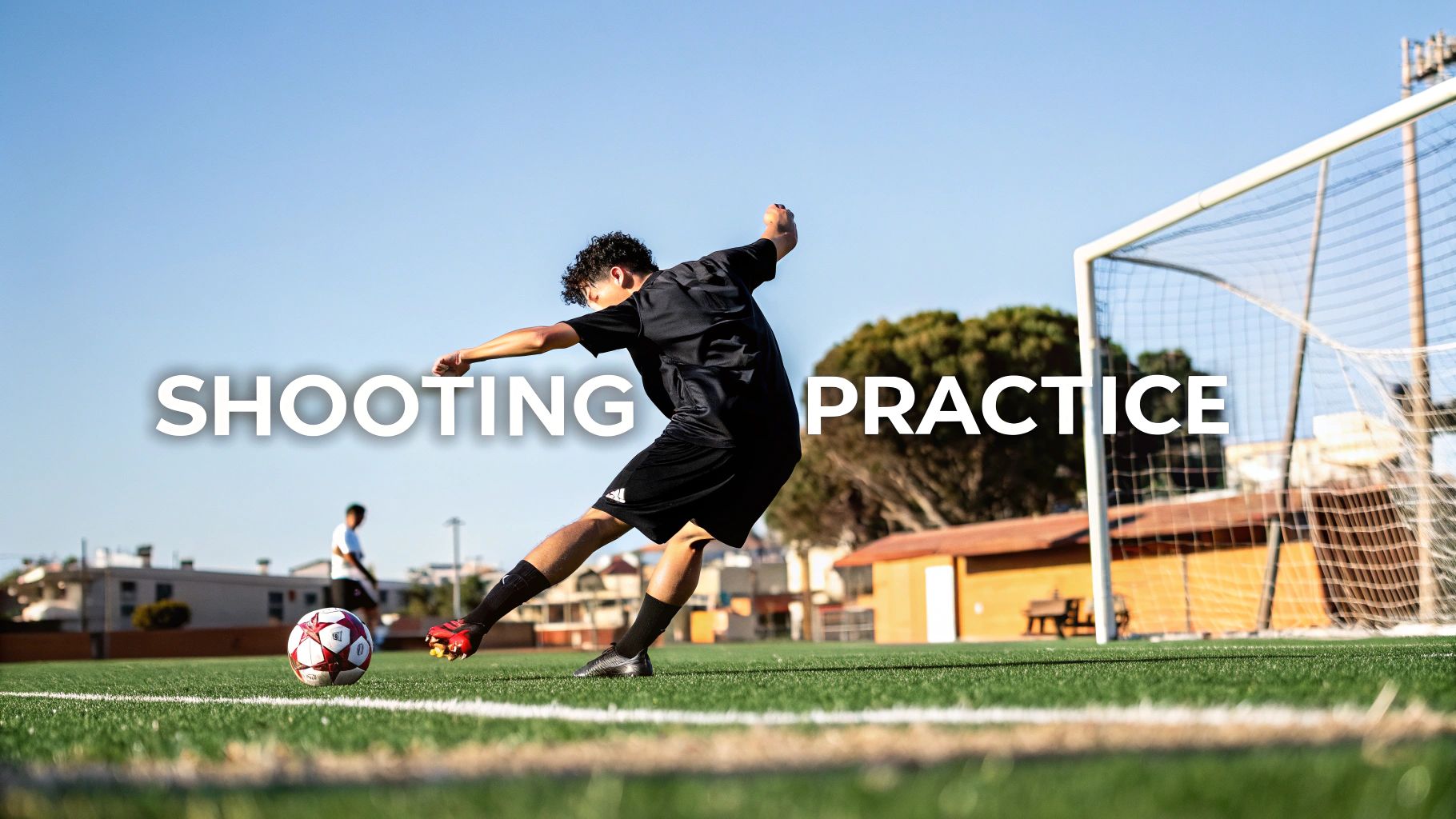 A soccer player in a black uniform kicks a red and white ball during shooting practice on a green field.