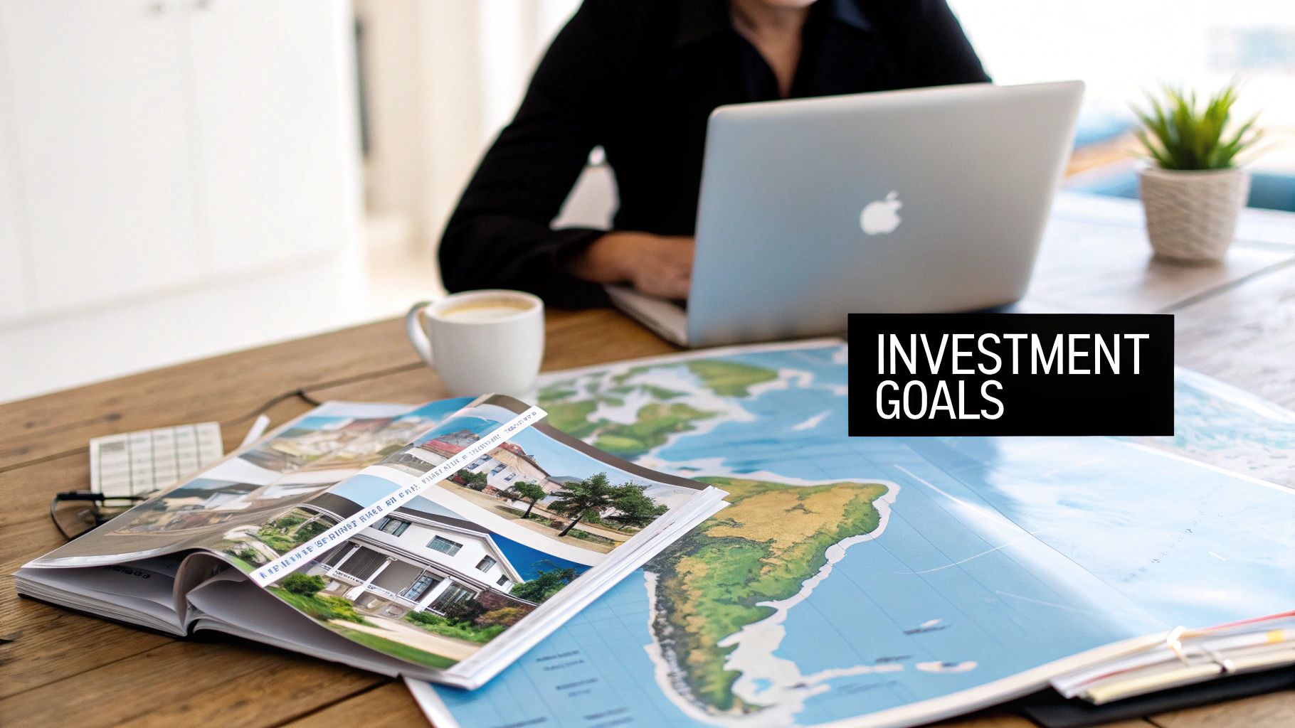 Person working on a laptop with a world map, real estate magazine, and coffee on a desk, focused on investment goals.