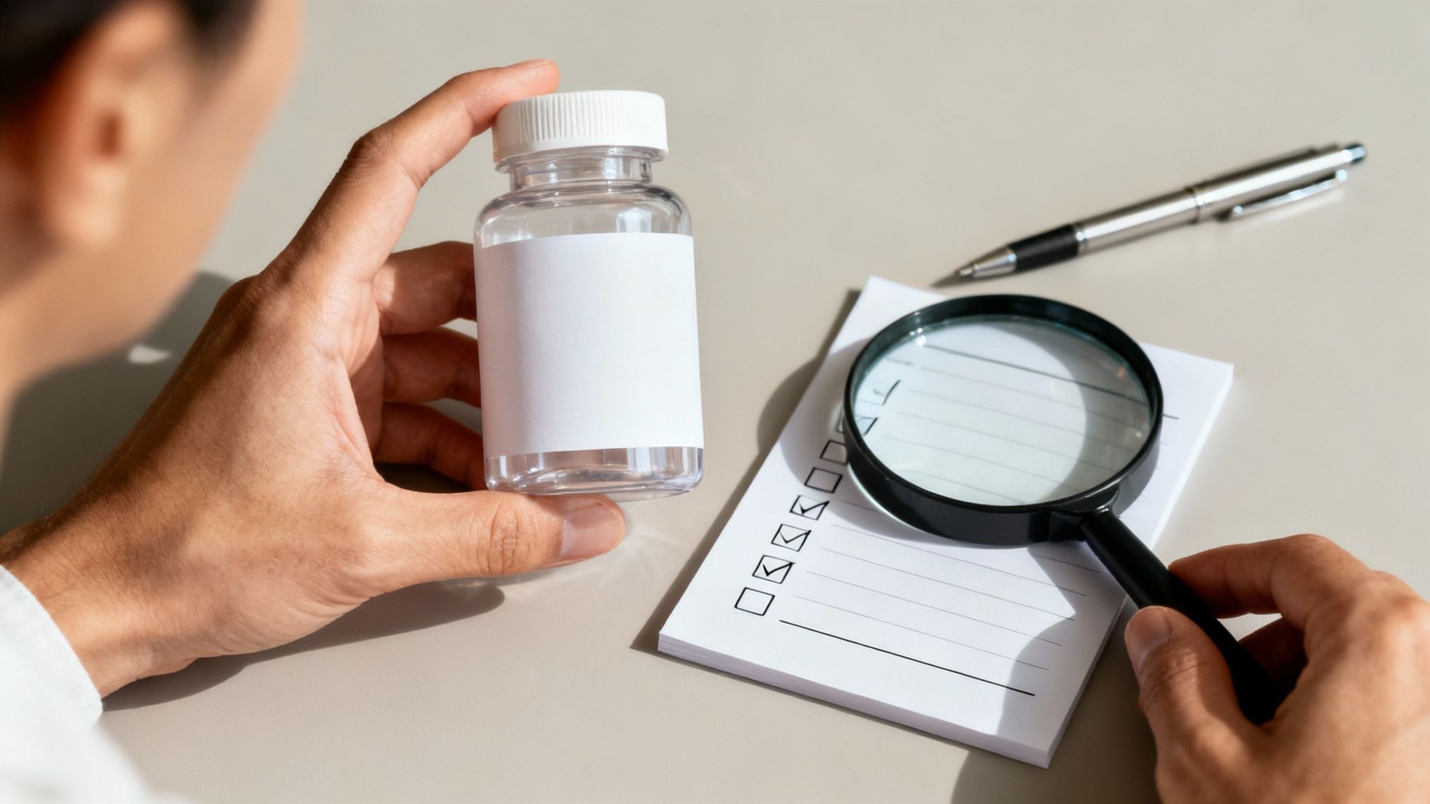 Person examining supplement bottle with magnifying glass and checklist for quality inspection verification