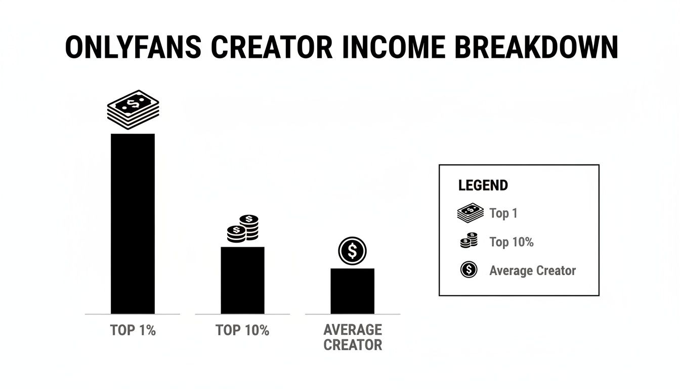Bar chart illustrating OnlyFans creator income disparity, showing top 1% earns significantly more than average creators.