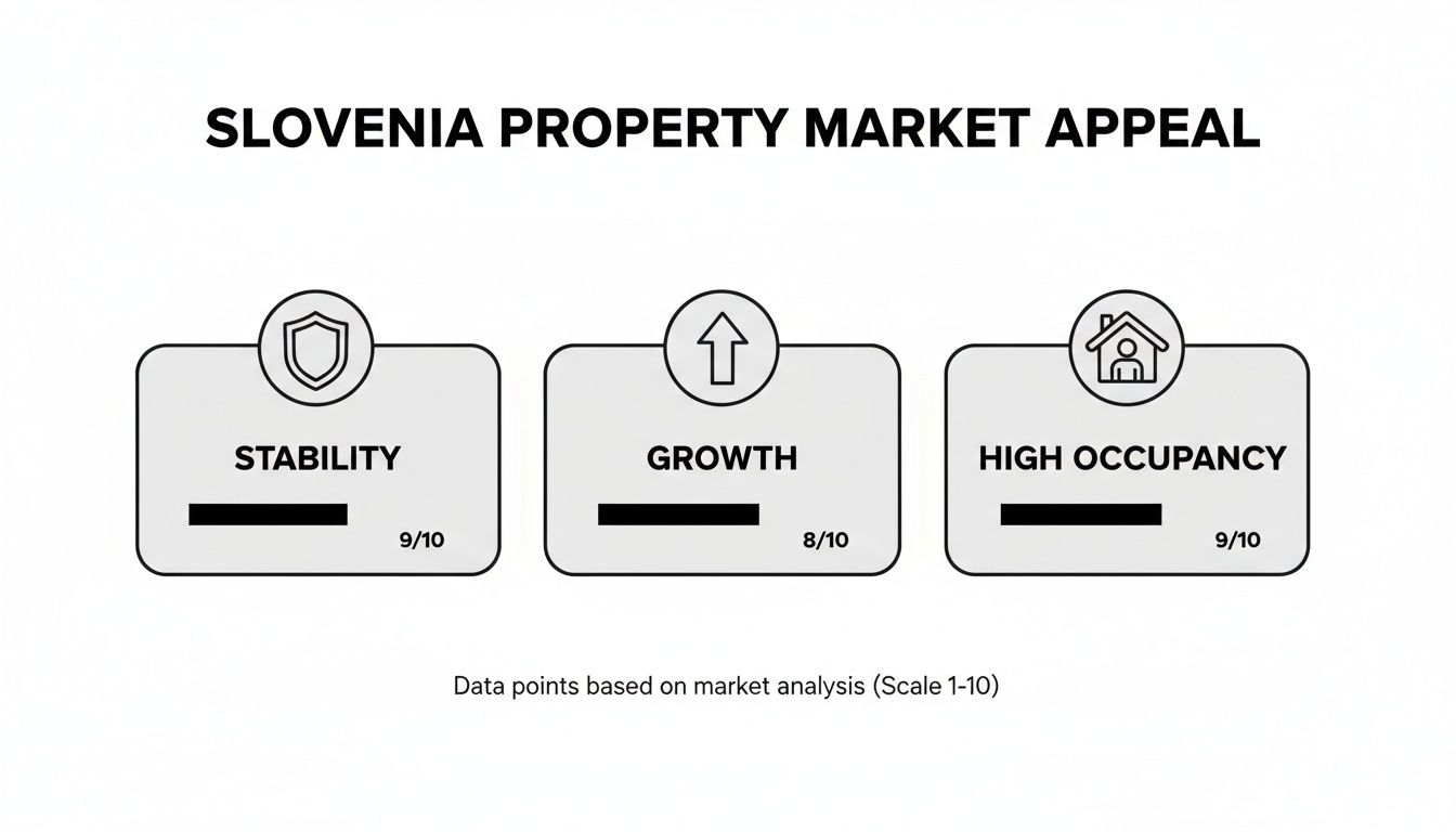 Infographic showing Slovenia's property market appeal, highlighting high stability, growth, and occupancy ratings.