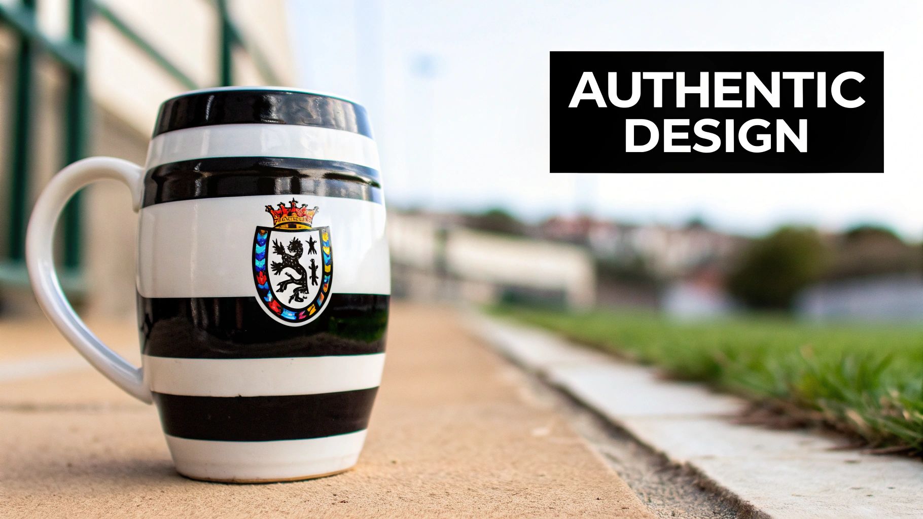 A black and white striped mug with a team crest sits on a stone wall, with "AUTHENTIC DESIGN" text.