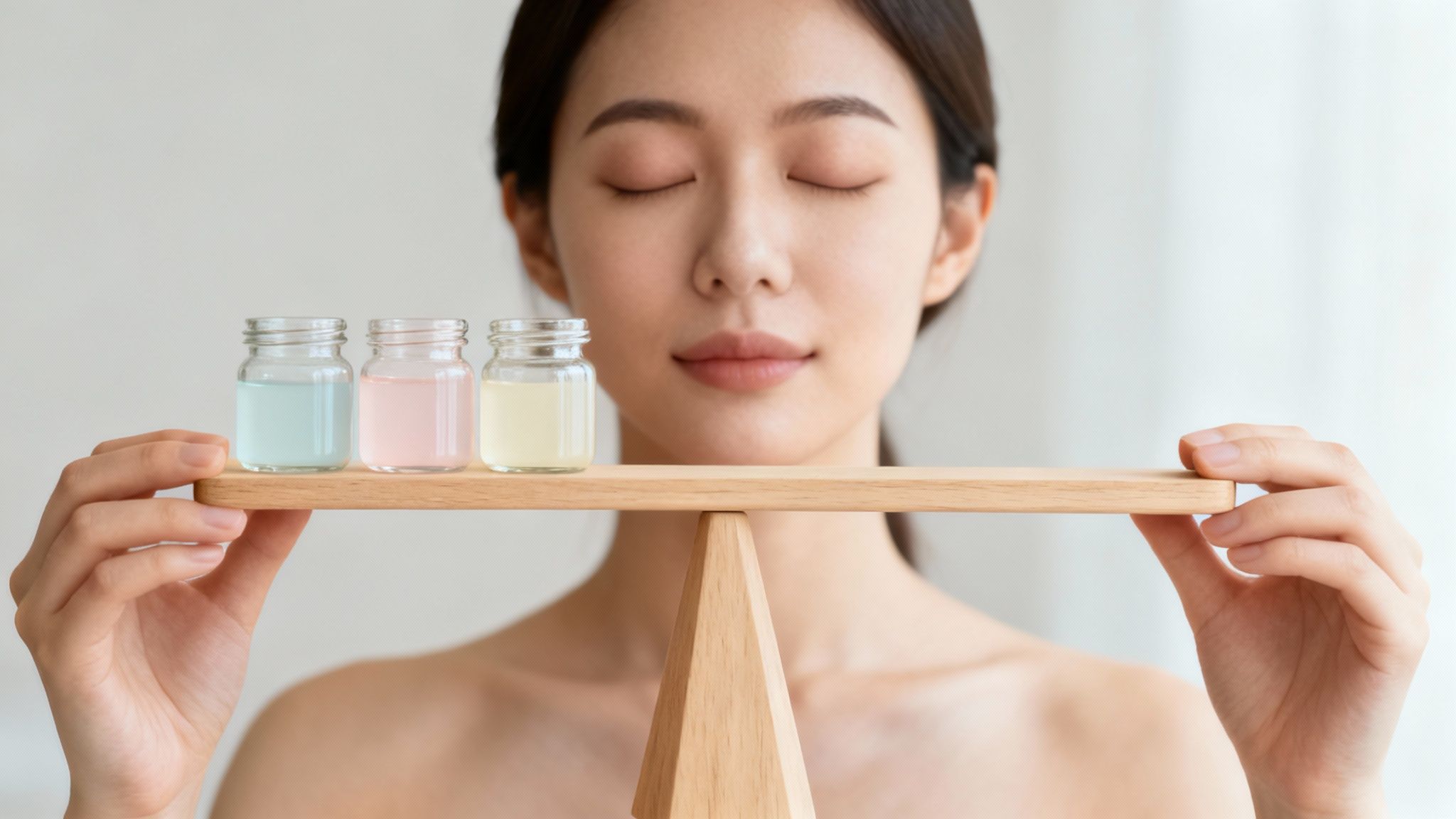 A serene woman balances three bottles of colored liquids on a scale, symbolizing wellness.