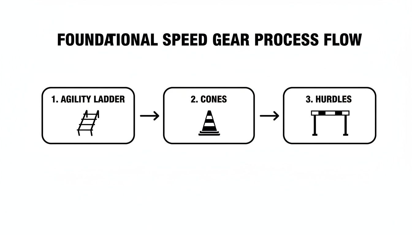 A foundational speed training process flow demonstrating agility ladder, cones, and hurdles in sequence.