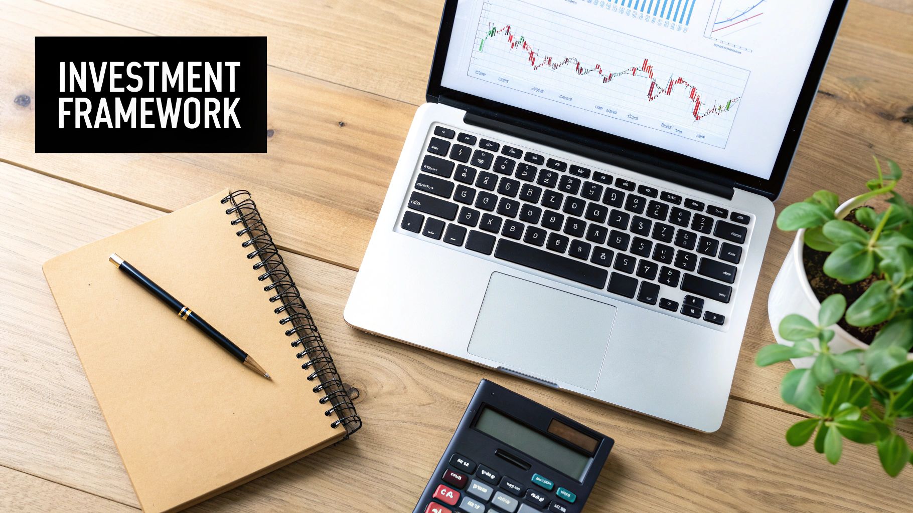 A desk setup with a laptop showing investment charts, a notebook, calculator, and a text box 'INVESTMENT FRAMEWORK'.