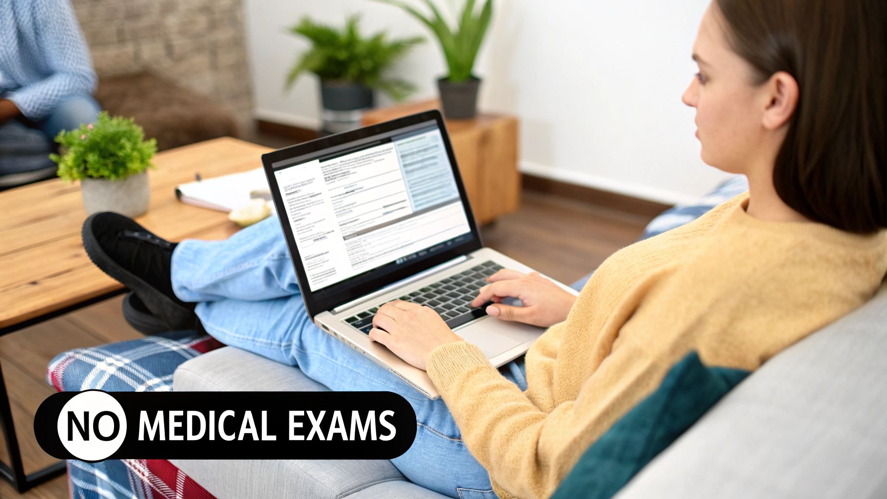 A smiling senior couple on a park bench, looking content and secure.
