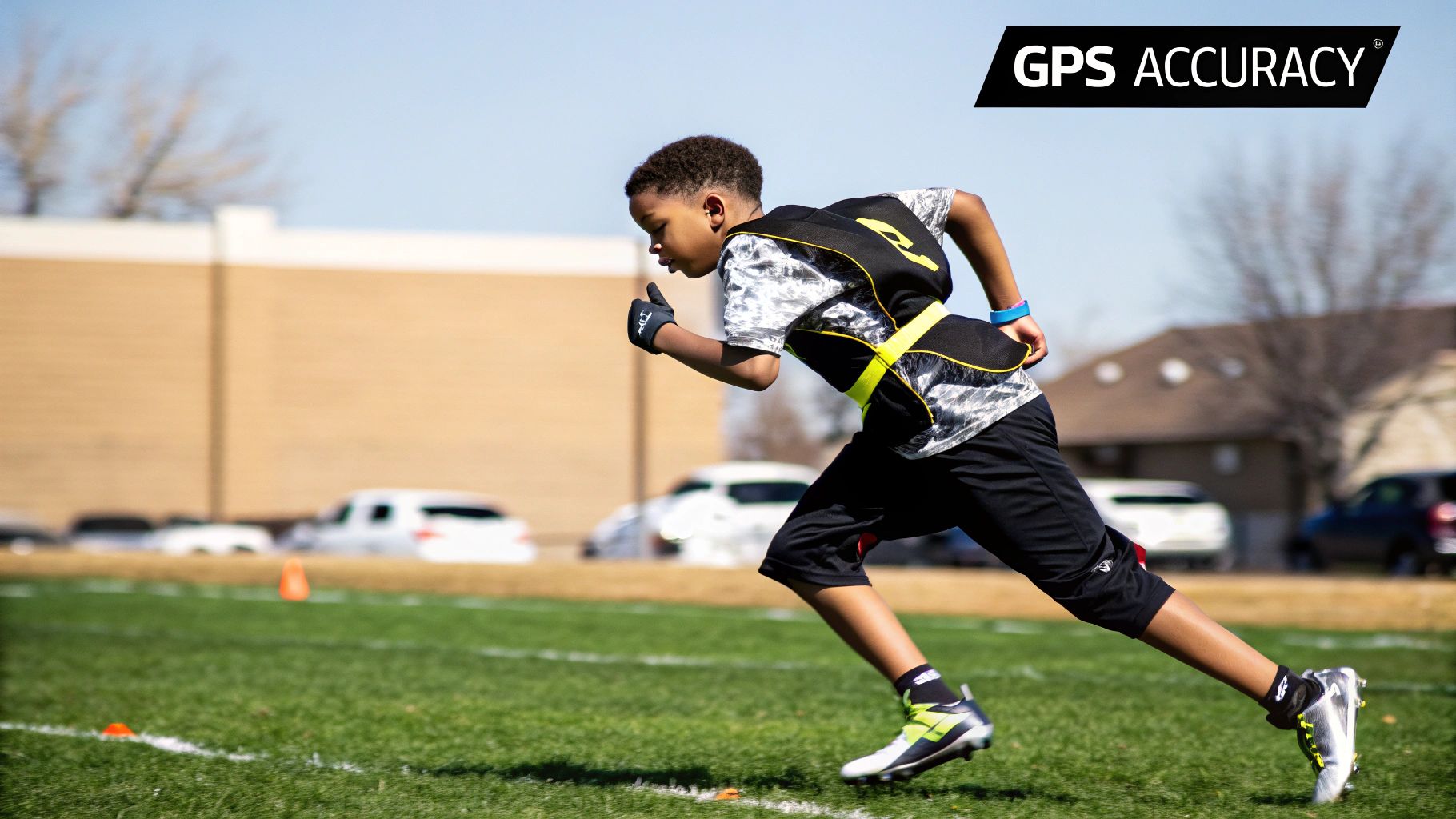 A youth football player wearing a GPS tracker vest during a match, showing the technology in action.