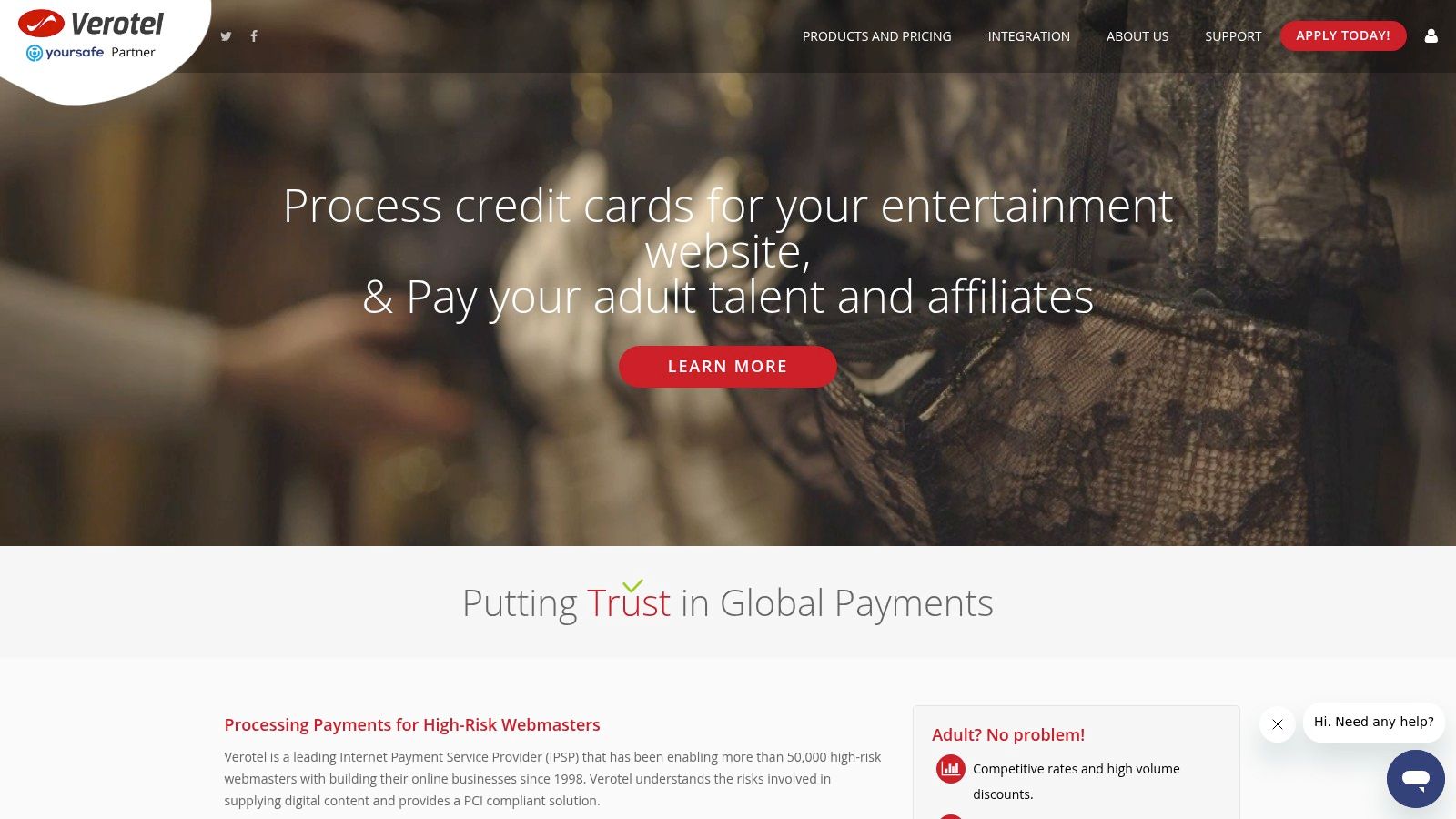 Verotel's homepage highlighting their specialisation in adult payments and high-risk e-commerce.